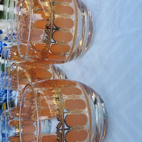 Vintage Other - 7 of Culver Roly poly stemless retro MCM  orange & gold 22k scroll design 🧡